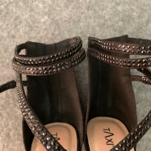 Taxi Women’s Black Glitter Zipper Heel Rhinestones Details Open Toe Shoes - Picture 8 of 10